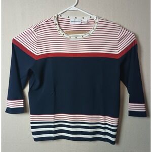 Alfred‎ Dunner Knit Top Nautical Striped Gold Detail 3/4 Sleeve Size L N